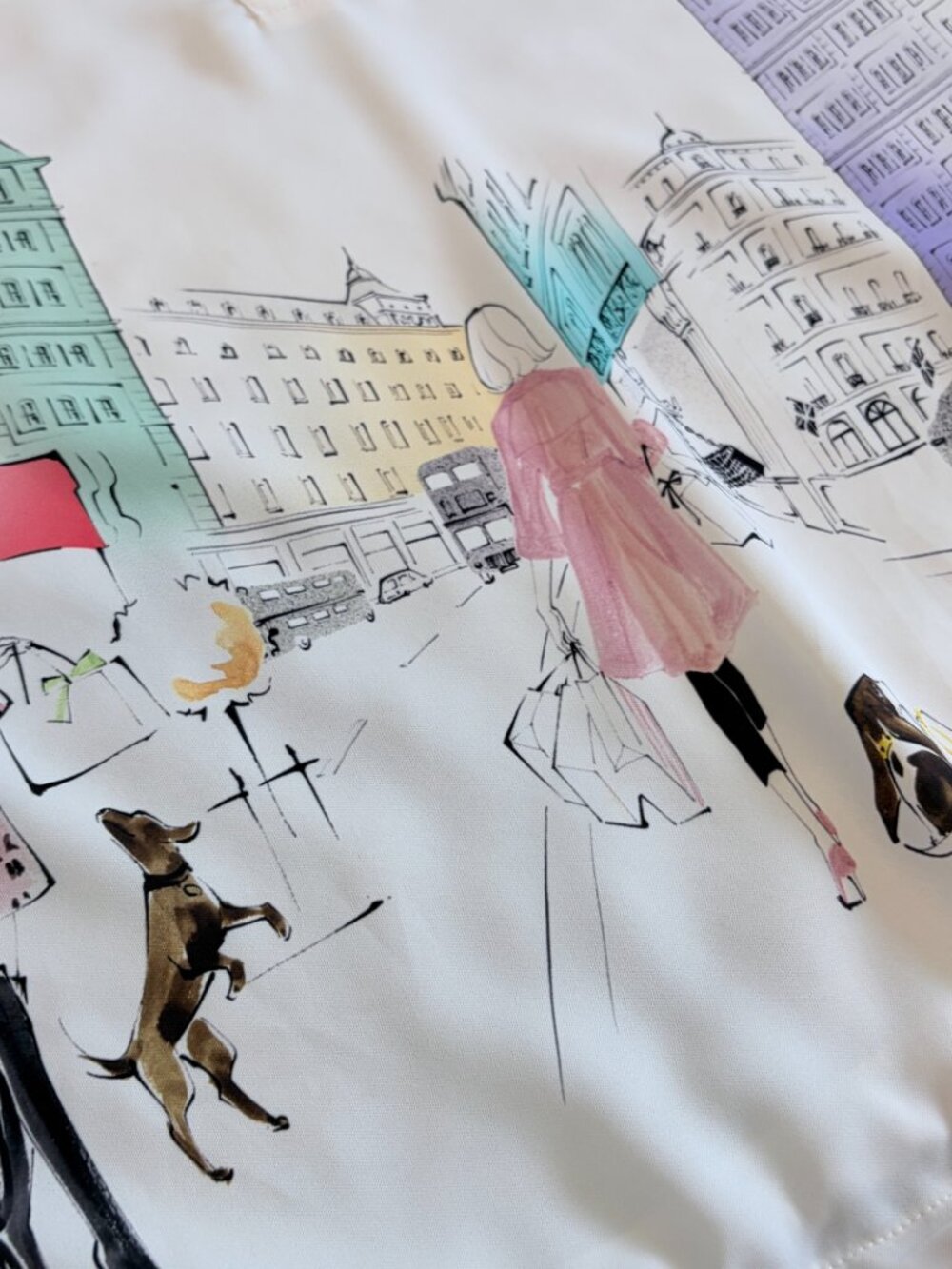Aras Paris City Print Blouse Art Deco Collared Novelty Art White Pink Size 40 - Picture 10 of 13